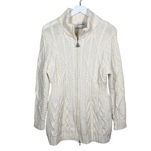 Saol Womens Ireland Cablie Knit Merino Wool Full Zip Longline Sweater Size Large